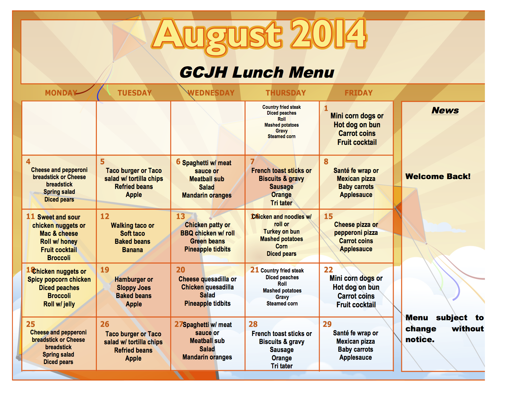 August Lunch Menu GC Junior High August Lunch Menu GC Junior High