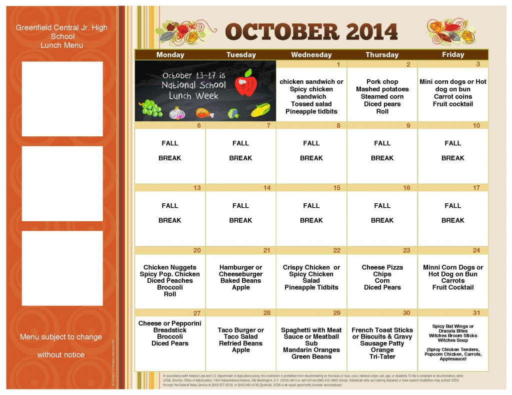 GCJH-October-lunch-menu